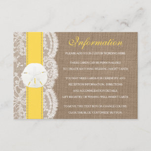 Tarjeta De Recepción La colección de bodas de arena amarilla en la play