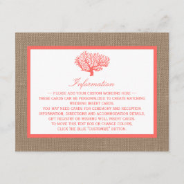 Tarjeta De Recepción La Colección De Bodas De Coral En Burlap Boho Beac