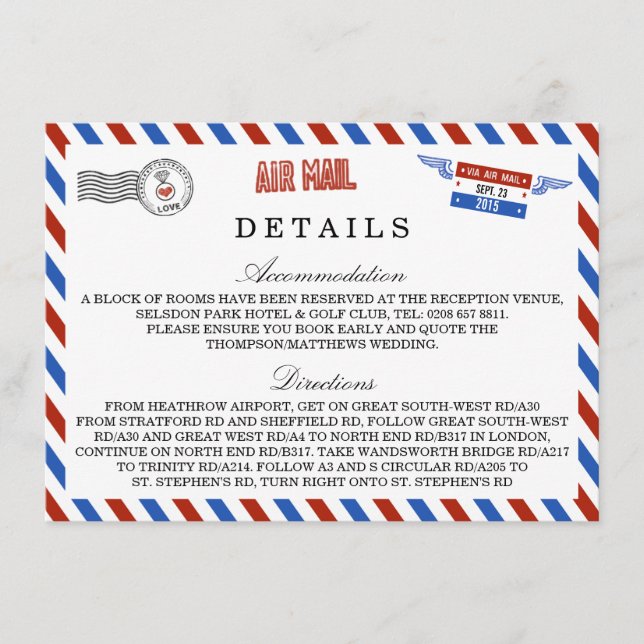 Tarjeta De Recepción La Colección de Bodas de Correo Aéreo Moderno (Anverso)