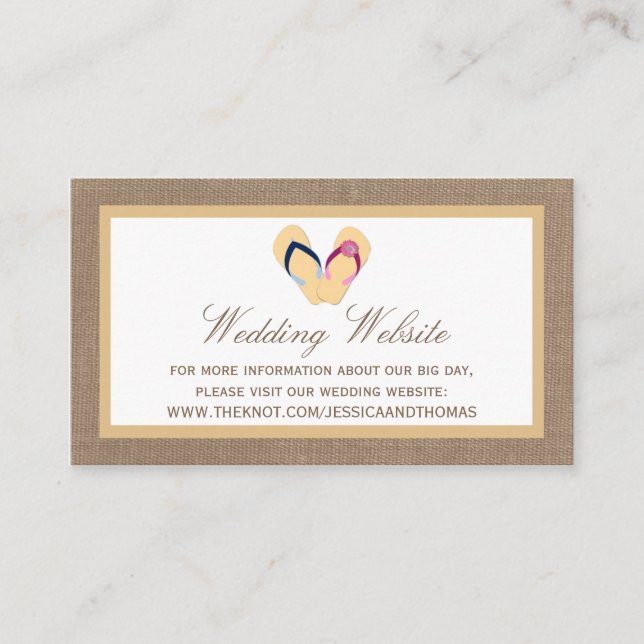 Tarjeta De Recepción La colección de Bodas Flip-Flop Sand Beach Burlap (Anverso)