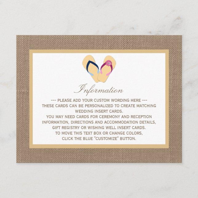 Tarjeta De Recepción La colección de Bodas Flip-Flop Sand Beach Burlap (Anverso)