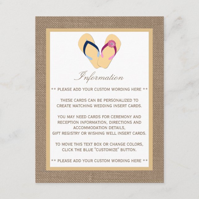 Tarjeta De Recepción La colección de Bodas Flip-Flop Sand Beach Burlap (Anverso)