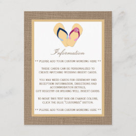 Tarjeta De Recepción La colección de Bodas Flip-Flop Sand Beach Burlap