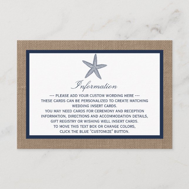 Tarjeta De Recepción La colección de bodas Starfish Burlap Beach de la  (Anverso)