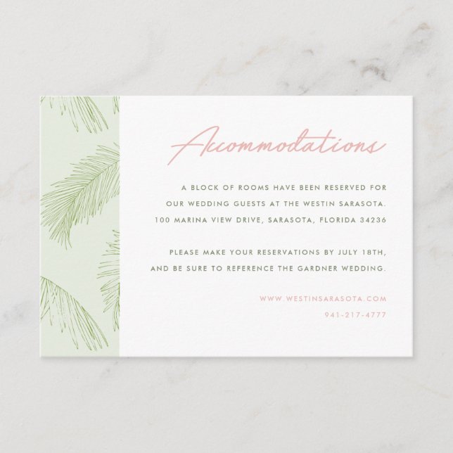 Tarjeta De Recepción La Palm Verde Deja Alojamiento Boda Tropical (Anverso)