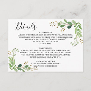 Tarjeta De Recepción La pradera de verano deja Boda acuarela Detalles