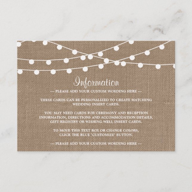 Tarjeta De Recepción La Rustic Burlap String ilumina la colección Boda (Anverso)