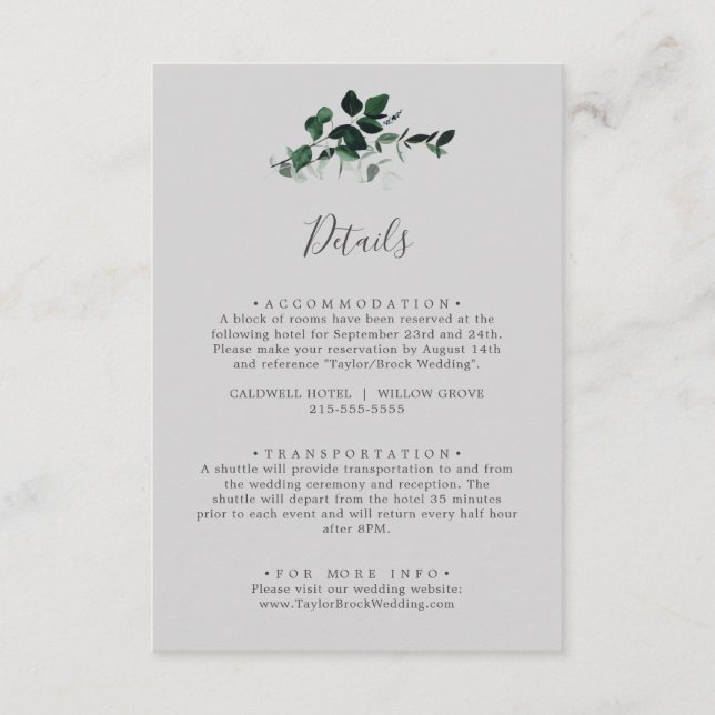 Tarjeta De Recepción La vegetación esmeralda | Detalles del Boda gris (Anverso)