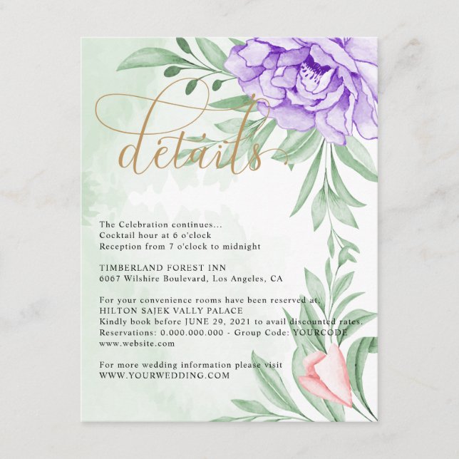 Tarjeta De Recepción La vegetación Rosa Purple Peony deja detalles Boda (Anverso)