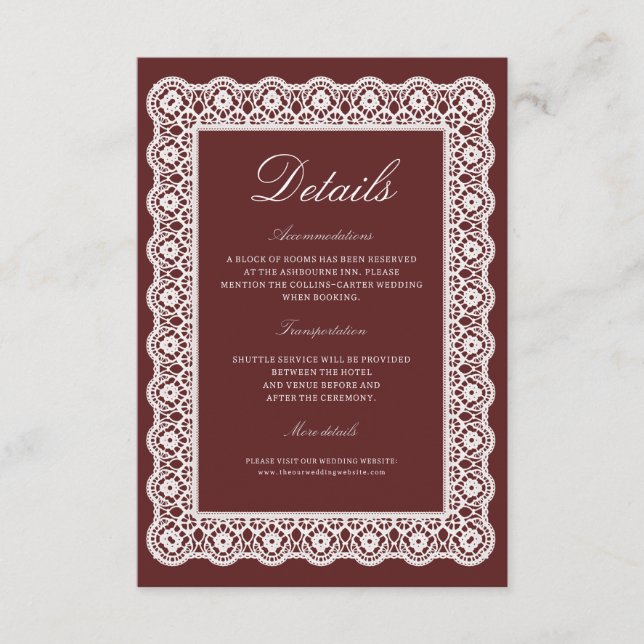 Tarjeta De Recepción Lace Burgundy Wedding Details Enclosure Card (Anverso)