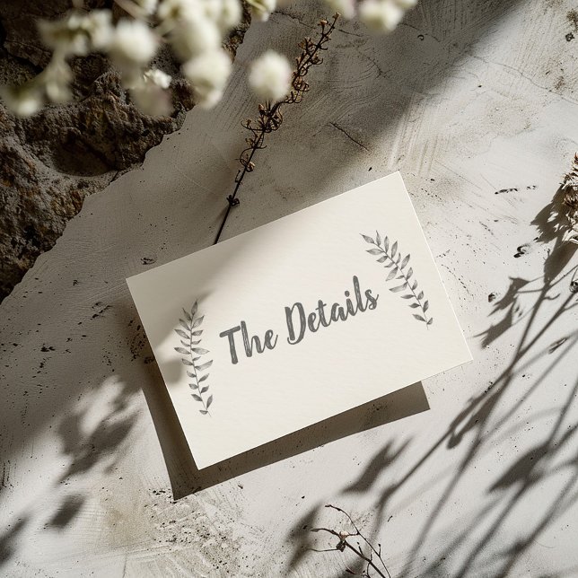 Tarjeta De Recepción Lápiz dibujado deja los detalles (Light and simple "The Details" wedding enclosure card with pencil drawn style leaves)