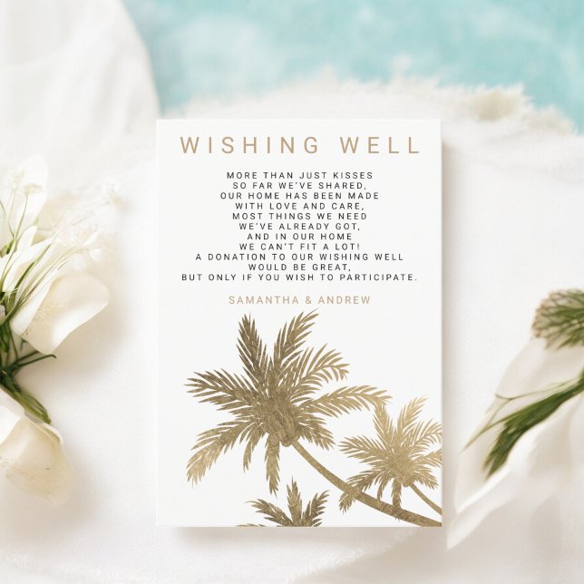 Tarjeta De Recepción Las palmeras de imitación de oro modernas desearía (Modern faux gold palm trees wishing well wedding enclosure card)