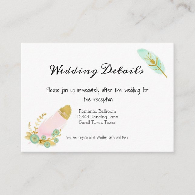 Tarjeta De Recepción Las plumas de oro del Boho Pink Auqa (Anverso)