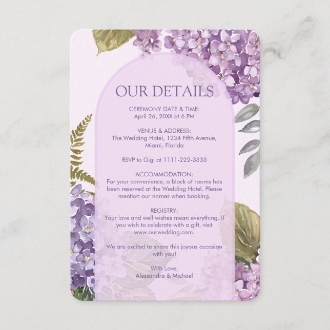 Tarjeta De Recepción Lavanda acuática Hydrangea Fern deja Boda (Anverso)