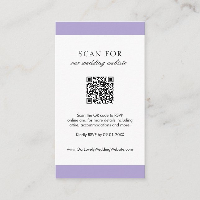 Tarjeta De Recepción Lavanda digital mínima Boda de código QR moderno (Anverso)