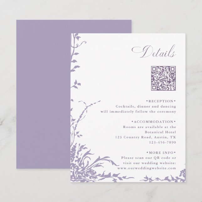 Tarjeta De Recepción Lavender Botanical Wedding QR Code Details (Anverso / Reverso)