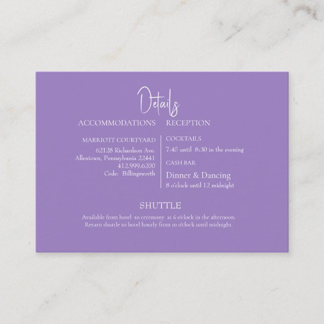 Tarjeta De Recepción Lavender Cash Bar & Shuttle Boda (Anverso)