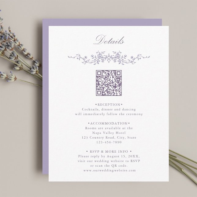 Tarjeta De Recepción Lavender Floral Border QR Code Wedding Details (Subido por el creador)