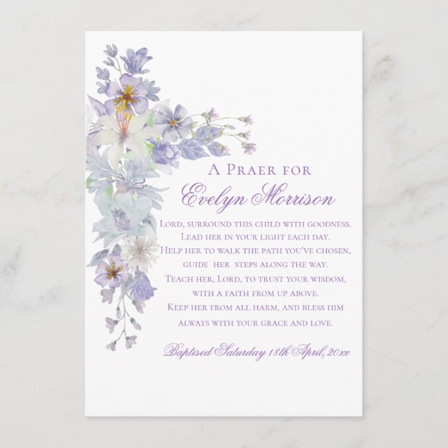 Tarjeta De Recepción Lavender Floral Cross Baptism Prayer Card (Anverso)