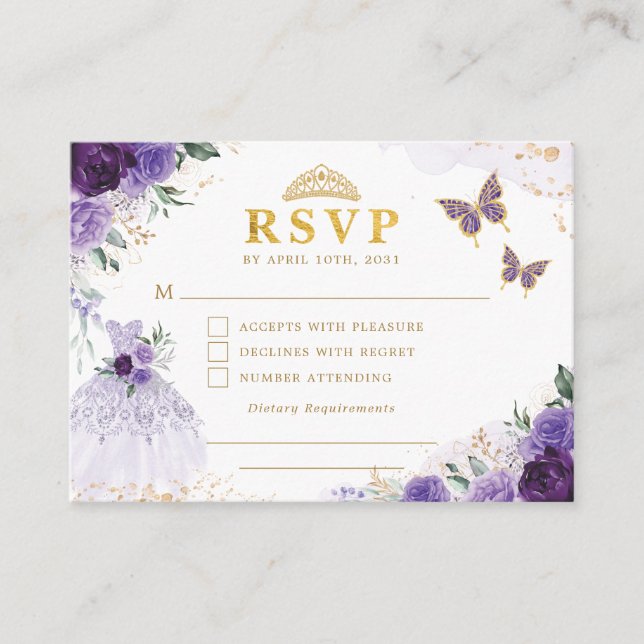 Tarjeta De Recepción Lavender Floral Quinceanera Princesa Vestido RSVP (Anverso)