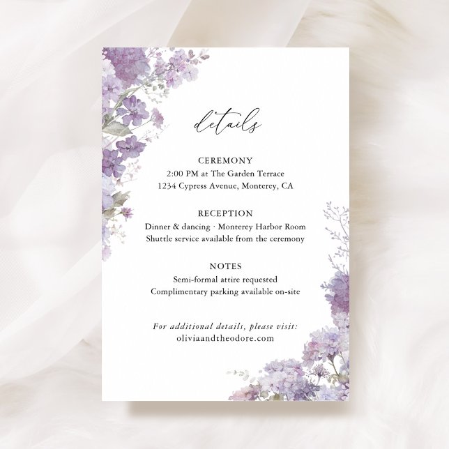 Tarjeta De Recepción Lavender Floral Wedding Details, Information (Lavender floral wedding details card with watercolor hydrangea, lilac, elegant wedding stationery)