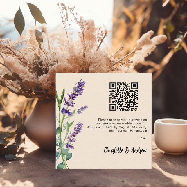 Tarjeta De Recepción Lavender florals beige QR boda de código RSVP (Subido por el creador)