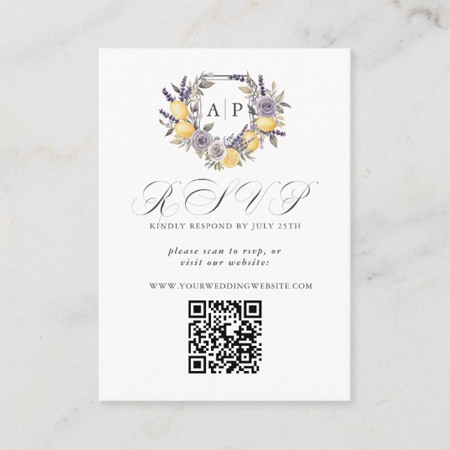 Tarjeta De Recepción Lavender Lemon Monograma Escudo Floral QR RSVP (Anverso)