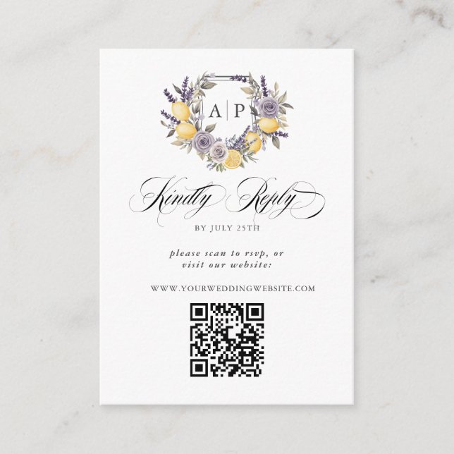Tarjeta De Recepción Lavender Lemon Monograma Escudo Floral QR RSVP (Anverso)