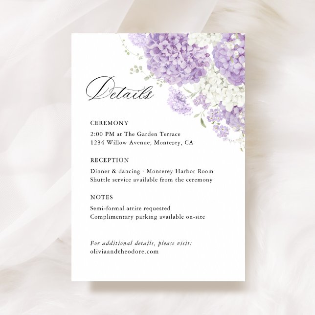 Tarjeta De Recepción Lavender Lilac White Floral Wedding Details, Info (Lavender white hydrangea wedding details card with floral, lilac, elegant wedding stationery)
