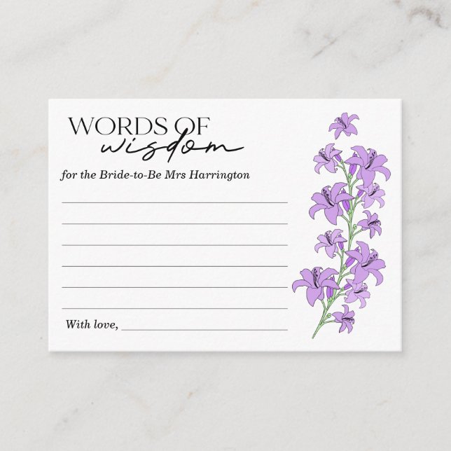 Tarjeta De Recepción Lavender Lily Bridal Shower Words of Wisdom Card (Anverso)