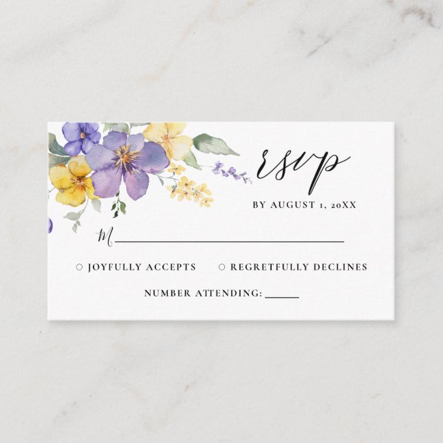 Tarjeta De Recepción Lavender Morado Amarillo RSVP Floral Guardar la fe (Anverso)