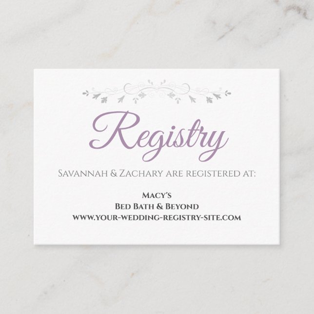 Tarjeta De Recepción Lavender Registro de Bodas Elegantes Morado y Gris (Anverso)