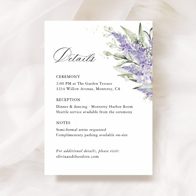 Tarjeta De Recepción Lavender Sage Green Floral Wedding Details (Lavender & sage green floral wedding details card with watercolor flower, elegant wedding stationery)