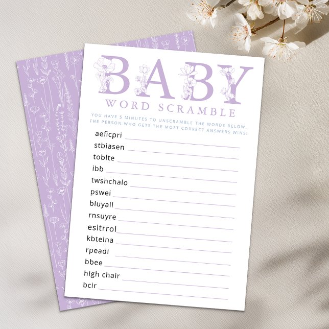 Tarjeta De Recepción Lavender Wildflower Baby Shower Word Game Card (Baby Shower Game - Lavender)
