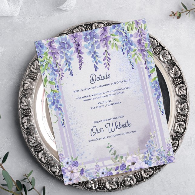 Tarjeta De Recepción Lavender Wisteria Floral Arch Wedding Details (Lavender Wisteria Floral Arch Wedding Details Card | Purple Garden Wedding Information Enclosure)
