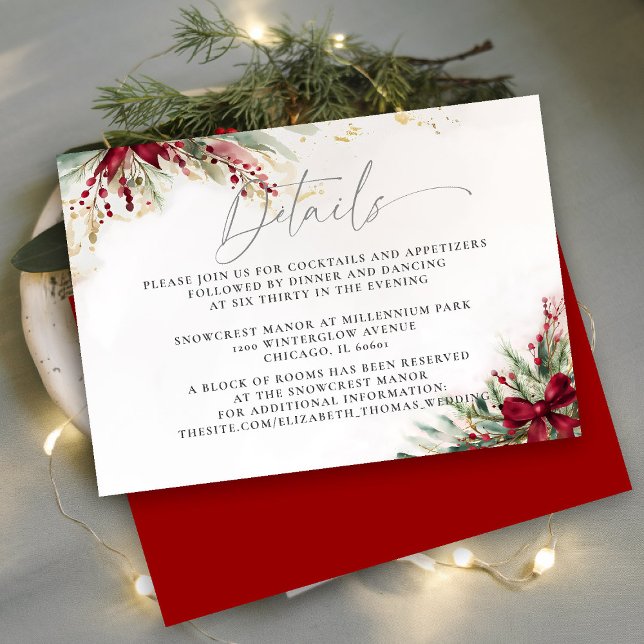 Tarjeta De Recepción Lazo de Navidad de Verdor Invernal Rojo Detalles d (winter wedding details enclosure christmas bow greenery berries watercolor elegant calligraphy)
