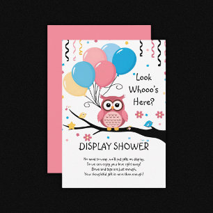 Tarjeta De Recepción Lechuza rosa con globos y Baby Shower de Confetti
