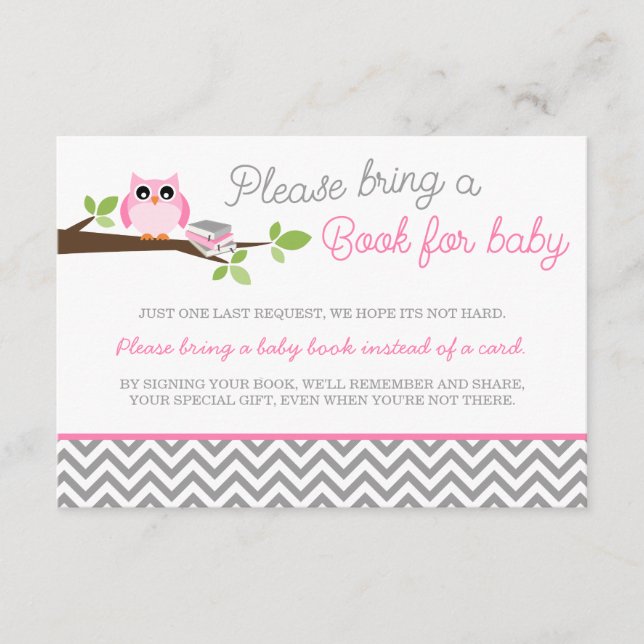 Tarjeta De Recepción Lechuza Rosa Gray Chevron Baby Shower Book (Anverso)
