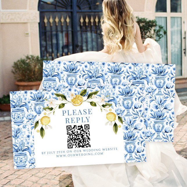 Tarjeta De Recepción Lemon azul boda mediterránea rsvp QR (Subido por el creador)