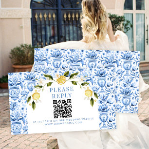 Tarjeta De Recepción Lemon azul boda mediterránea rsvp QR