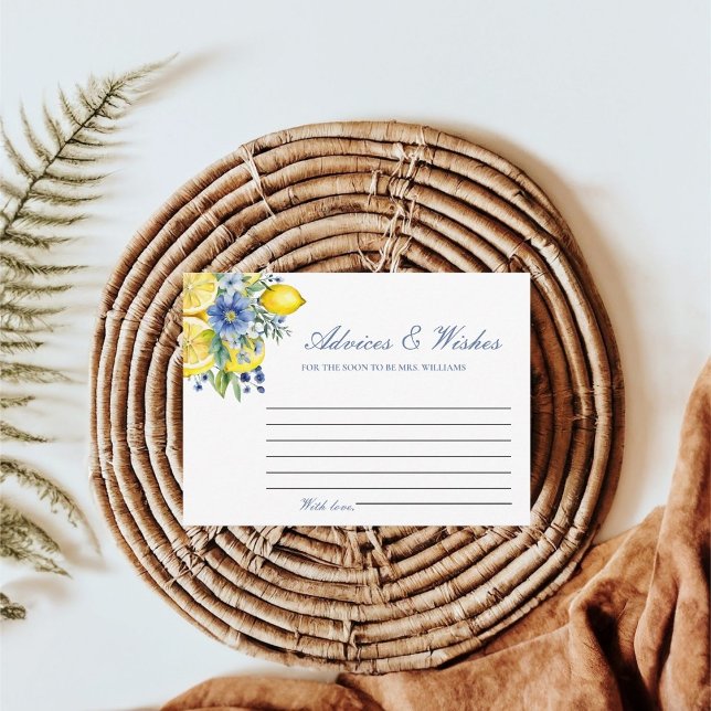 Tarjeta De Recepción Lemon Blue Floral Advices & WIshes Bridal Shower (Subido por el creador)