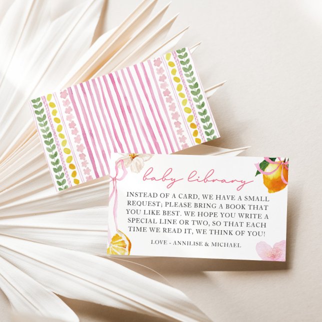 Tarjeta De Recepción Lemon & Bows Girls Books for Baby Library (Pink Bows & Lemon Girls Books for Baby Library Enclosure Card)