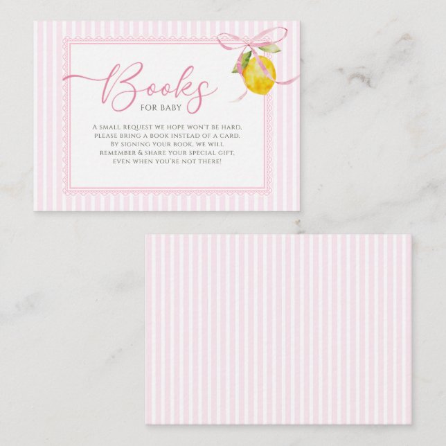 Tarjeta De Recepción Lemon pink bow coquette Libros para bebé  (Anverso / Reverso)