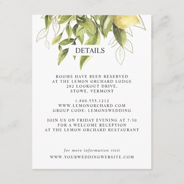 Tarjeta De Recepción Lemones y hojas | Detalles del BODA de Moda amaril (Anverso)