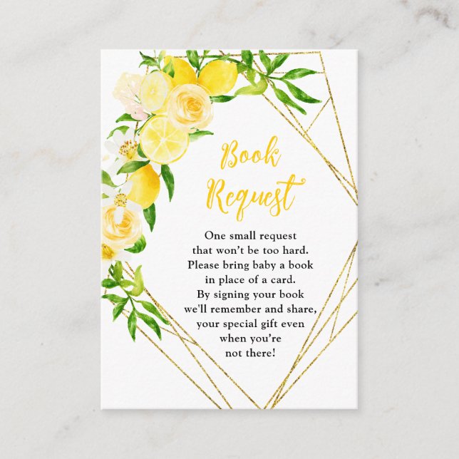 Tarjeta De Recepción Lemons and Foliage Baby Shower Book Request (Anverso)