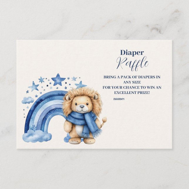 Tarjeta De Recepción León arcoiris azul Baby Shower Diapper Raffle (Anverso)