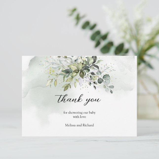 Tarjeta De Recepción Letras doradas de follaje verde Boho Gracias (Anverso de pie)