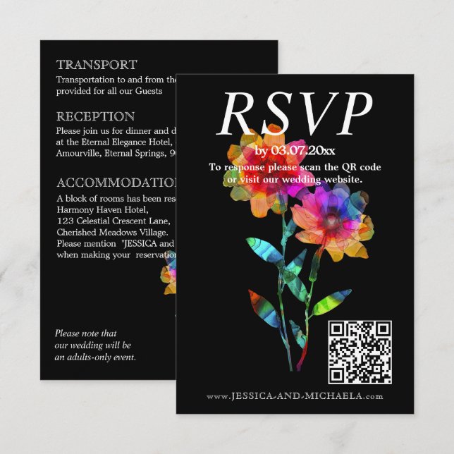 Tarjeta De Recepción 🌈 LGBTQ  QR RSVP +Wedding Details Petals & Pride  (Anverso / Reverso)