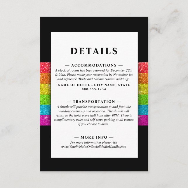 Tarjeta De Recepción LGTBQ Arcoiris Moda negra Boda Purpurina moderno (Anverso)
