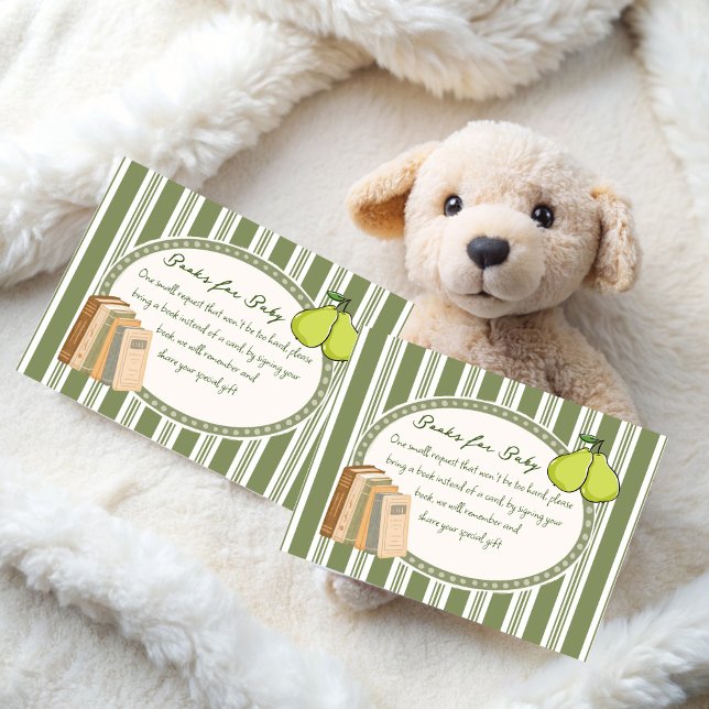 Tarjeta De Recepción Libro de solicitud de regalo de baby shower retro  (Pear sage green retro baby shower book request enclosure cards pear books for baby cards)